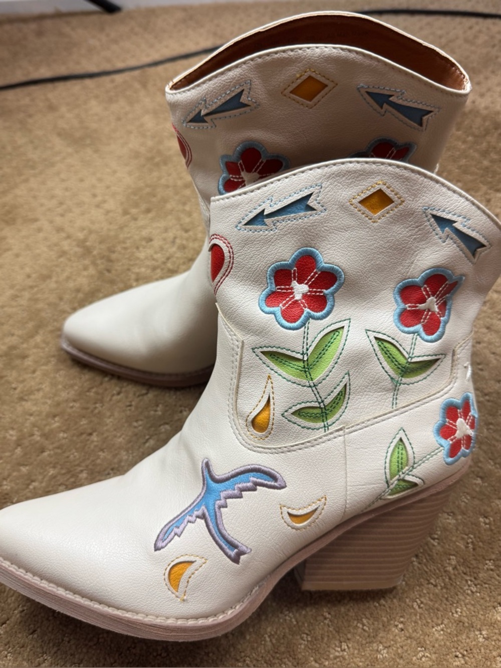 Zodiac White like-Leather Ankle Boots with Multicolor Floral Embroidery
